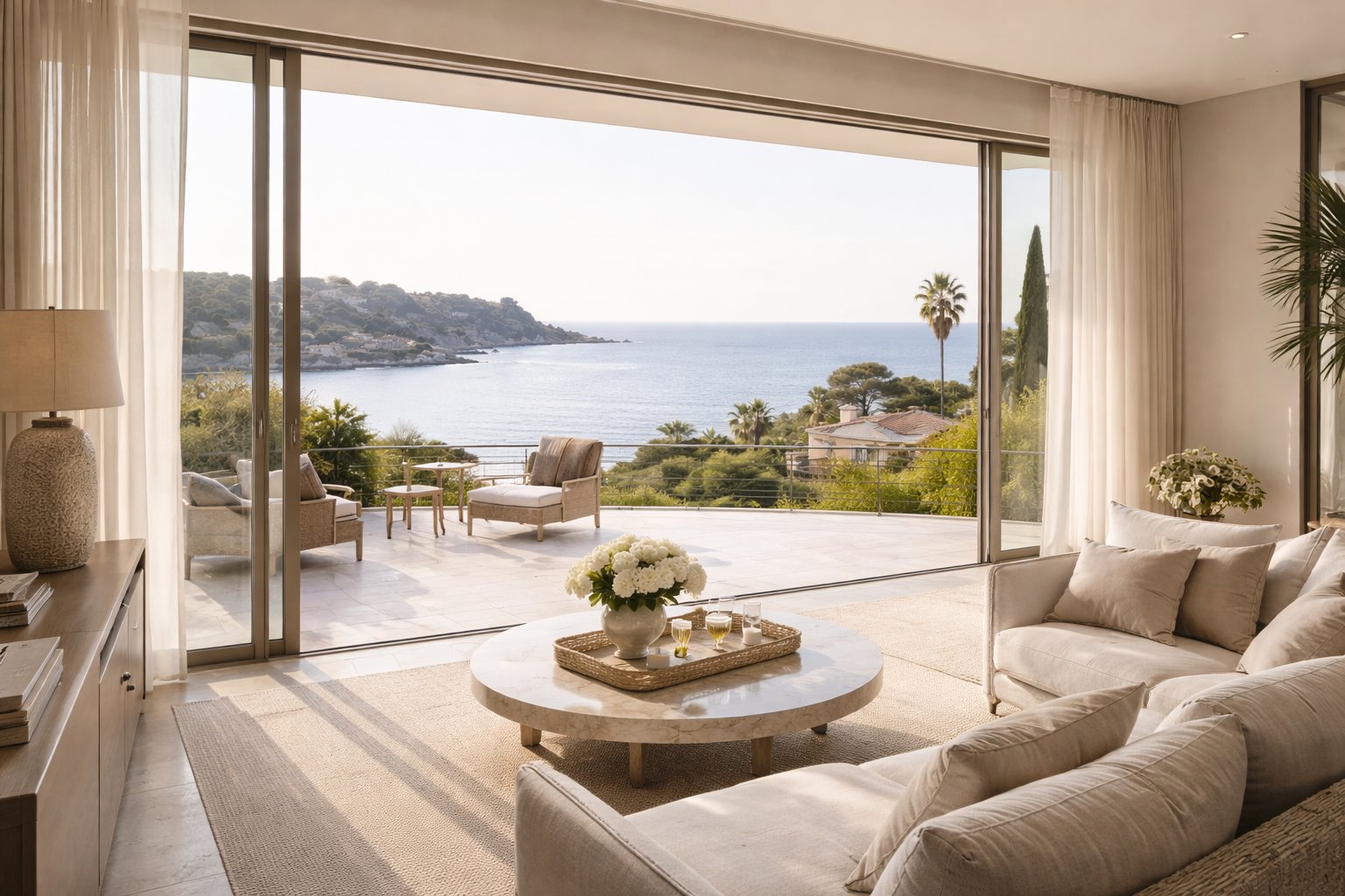 Salon d'une villa ouvert sur la mer
